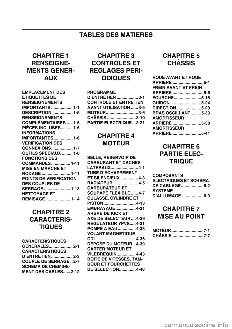 YAMAHA YZ125LC 2011  Notices Demploi (in French) TABLES DES MATIERES
CHAPITRE 1
RENSEIGNE-
MENTS GENER-
AUX
EMPLACEMENT DES 
ÉTIQUETTES DE 
RENSEIGNEMENTS 
IMPORTANTS .................. 1-1
DESCRIPTION ................. 1-5
RENSEIGNEMENTS 
COMPLÉM