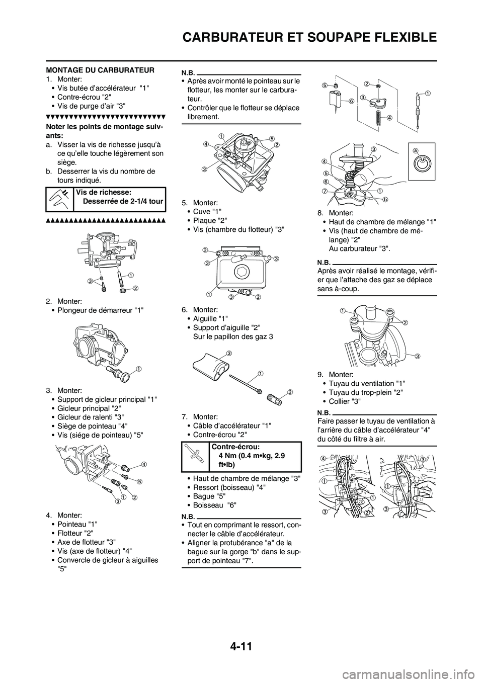 YAMAHA YZ125LC 2011 Notices Demploi (in French) 4-11
CARBURATEUR ET SOUPAPE FLEXIBLE
MONTAGE DU CARBURATEUR
1. Monter:
• Vis butée d’accélérateur "1"
• Contre-écrou "2"
• Vis de purge d’air "3"
Noter les points de montage suiv-
ants: YAMAHA YZ125LC 2011 Notices Demploi (in French) 4-11
CARBURATEUR ET SOUPAPE FLEXIBLE
MONTAGE DU CARBURATEUR
1. Monter:
• Vis butée d’accélérateur "1"
• Contre-écrou "2"
• Vis de purge d’air "3"
Noter les points de montage suiv-
ants:
