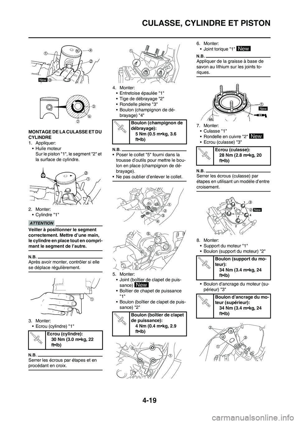 YAMAHA YZ125LC 2011  Notices Demploi (in French) 4-19
CULASSE, CYLINDRE ET PISTON
MONTAGE DE LA CULASSE ET DU 
CYLINDRE
1. Appliquer:
• Huile moteur
Sur le piston "1", le segment "2" et 
la surface de cylindre.
2. Monter:
• Cylindre "1"
Veiller 