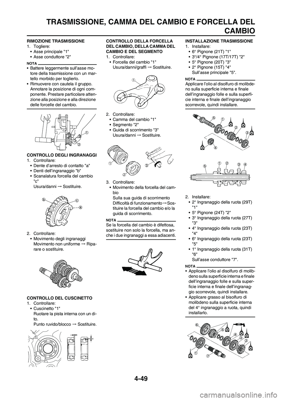 YAMAHA YZ125LC 2011  Manuale duso (in Italian) 4-49
TRASMISSIONE, CAMMA DEL CAMBIO E FORCELLA DEL
CAMBIO
RIMOZIONE TRASMISSIONE
1. Togliere:
• Asse principale "1"
• Asse conduttore "2"
• Battere leggermente sull’asse mo-
tore della trasmis