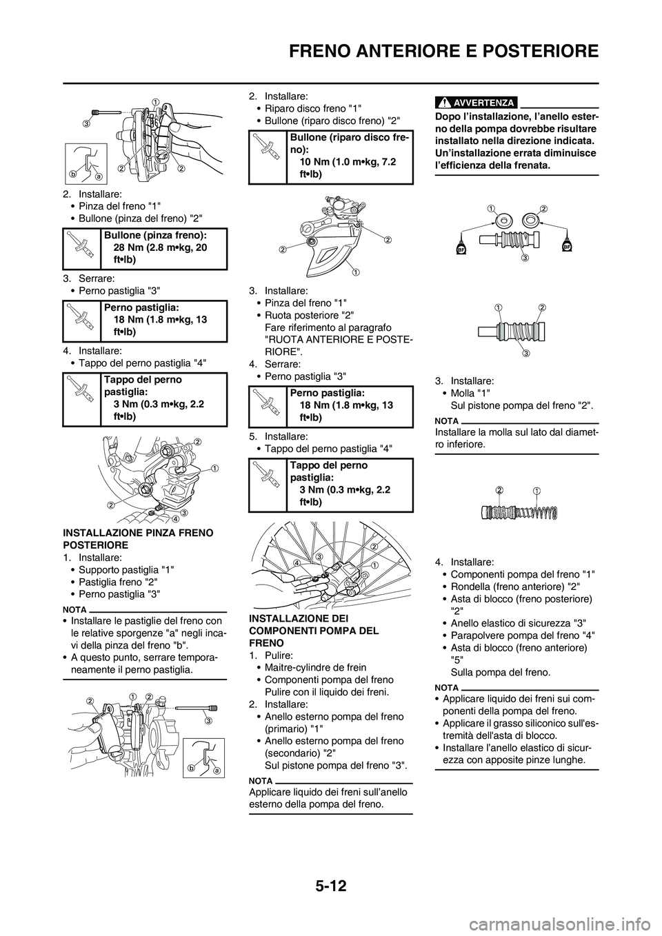 YAMAHA YZ125LC 2011  Manuale duso (in Italian) 5-12
FRENO ANTERIORE E POSTERIORE
2. Installare:
• Pinza del freno "1"
• Bullone (pinza del freno) "2"
3. Serrare:
• Perno pastiglia "3"
4. Installare:
• Tappo del perno pastiglia "4"
INSTALLA