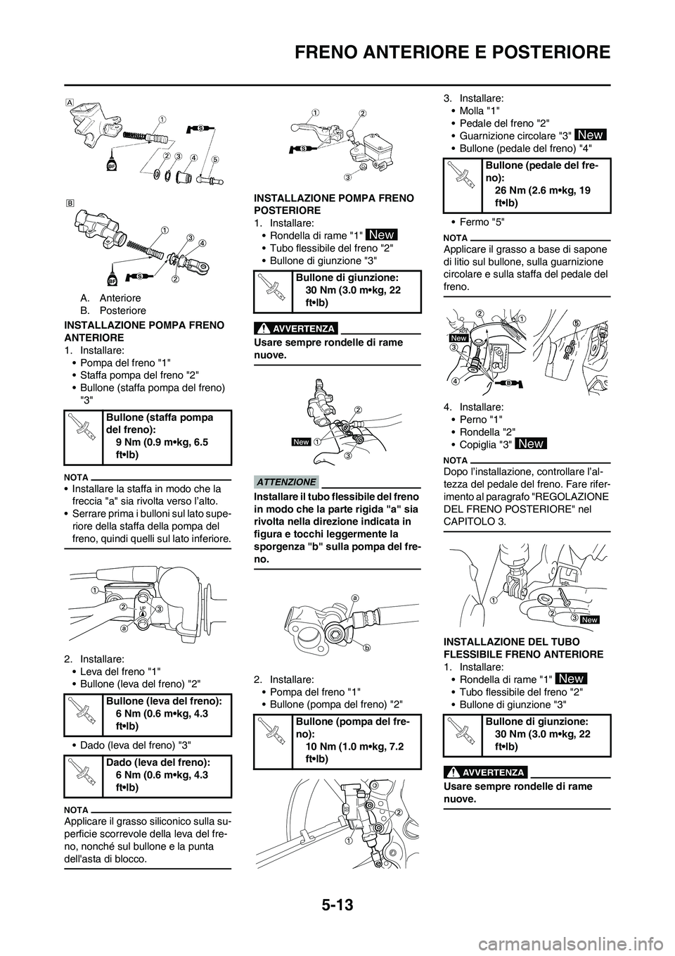 YAMAHA YZ125LC 2011  Manuale duso (in Italian) 5-13
FRENO ANTERIORE E POSTERIORE
A. Anteriore
B. Posteriore
INSTALLAZIONE POMPA FRENO 
ANTERIORE
1. Installare:
• Pompa del freno "1"
• Staffa pompa del freno "2"
• Bullone (staffa pompa del fr