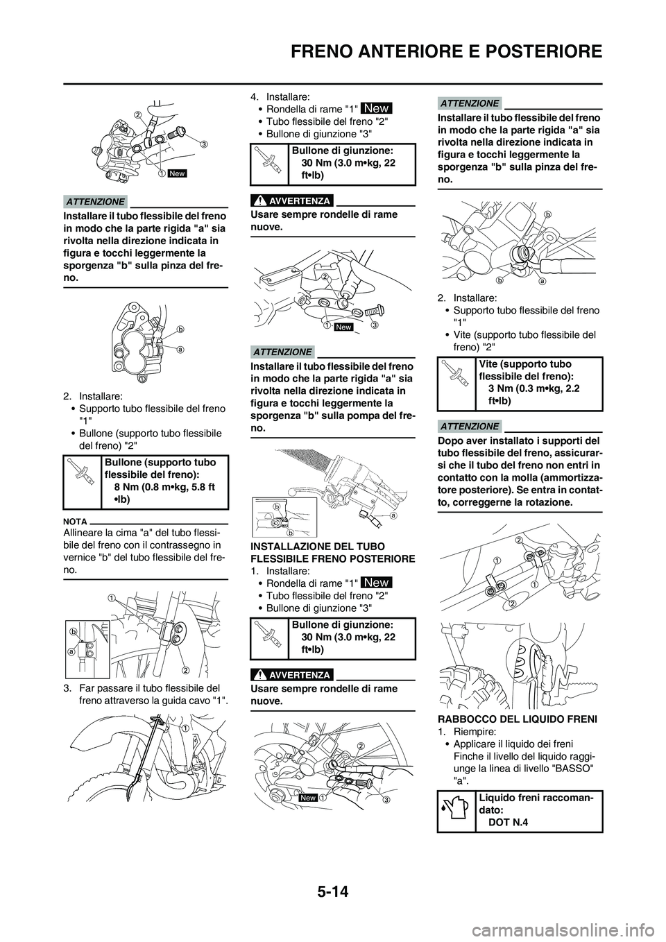 YAMAHA YZ125LC 2011  Manuale duso (in Italian) 5-14
FRENO ANTERIORE E POSTERIORE
Installare il tubo flessibile del freno 
in modo che la parte rigida "a" sia 
rivolta nella direzione indicata in 
figura e tocchi leggermente la 
sporgenza "b" sulla