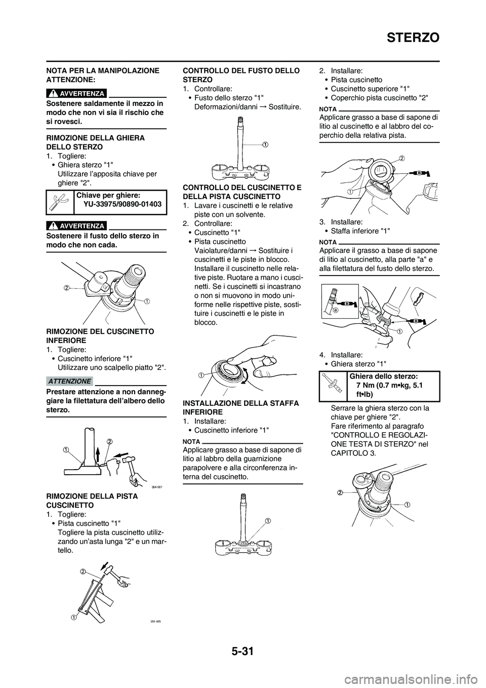YAMAHA YZ125LC 2011  Manuale duso (in Italian) 5-31
STERZO
NOTA PER LA MANIPOLAZIONE 
ATTENZIONE:
Sostenere saldamente il mezzo in 
modo che non vi sia il rischio che 
si rovesci.
RIMOZIONE DELLA GHIERA 
DELLO STERZO
1. Togliere:
• Ghiera sterzo