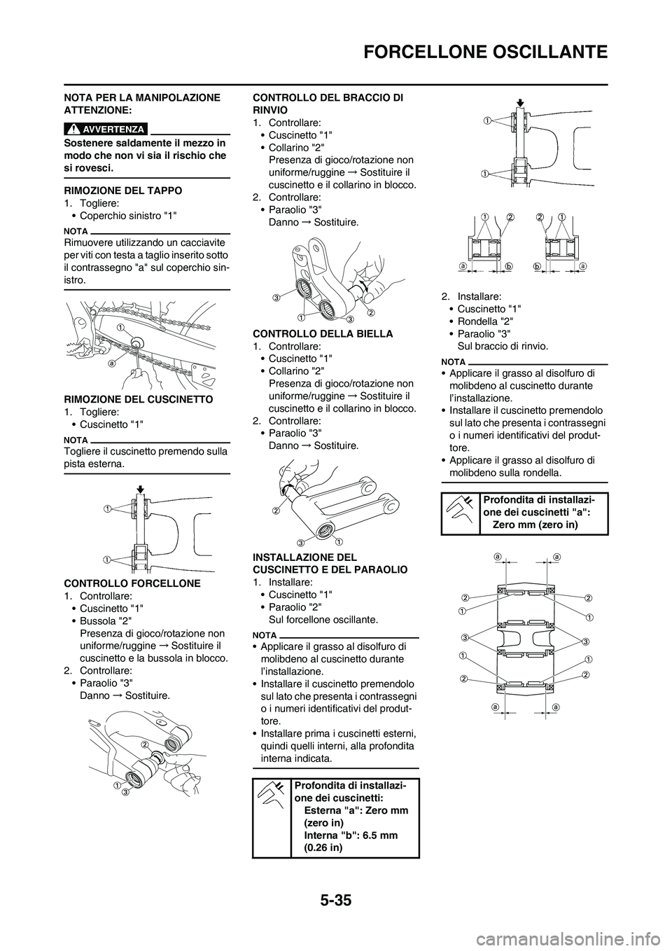 YAMAHA YZ125LC 2011  Manuale duso (in Italian) 5-35
FORCELLONE OSCILLANTE
NOTA PER LA MANIPOLAZIONE 
ATTENZIONE:
Sostenere saldamente il mezzo in 
modo che non vi sia il rischio che 
si rovesci.
RIMOZIONE DEL TAPPO
1. Togliere:
• Coperchio sinis