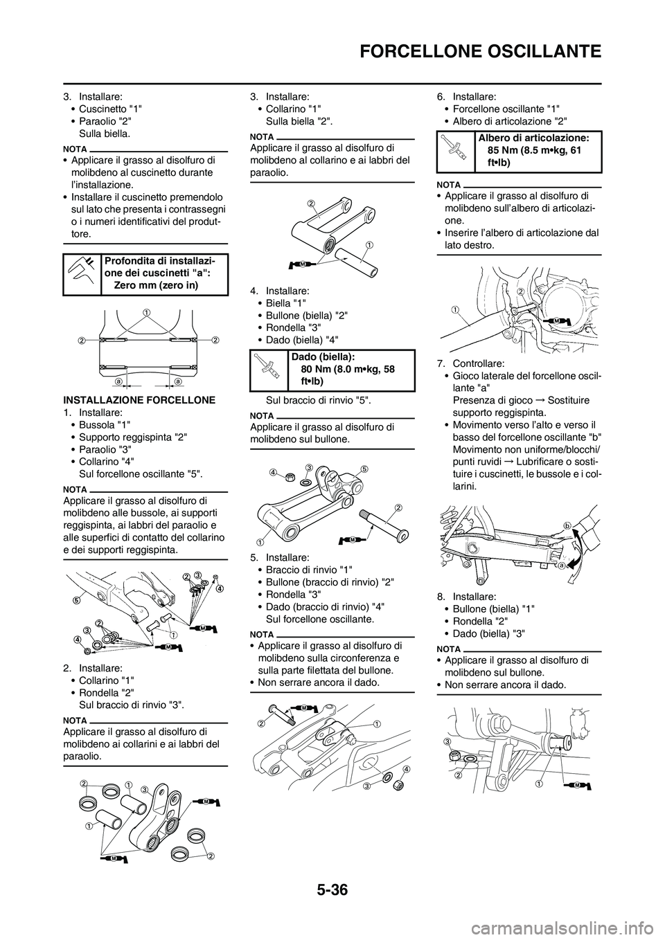 YAMAHA YZ125LC 2011  Manuale duso (in Italian) 5-36
FORCELLONE OSCILLANTE
3. Installare:
• Cuscinetto "1"
• Paraolio "2"
Sulla biella.
• Applicare il grasso al disolfuro di 
molibdeno al cuscinetto durante 
l’installazione.
• Installare 