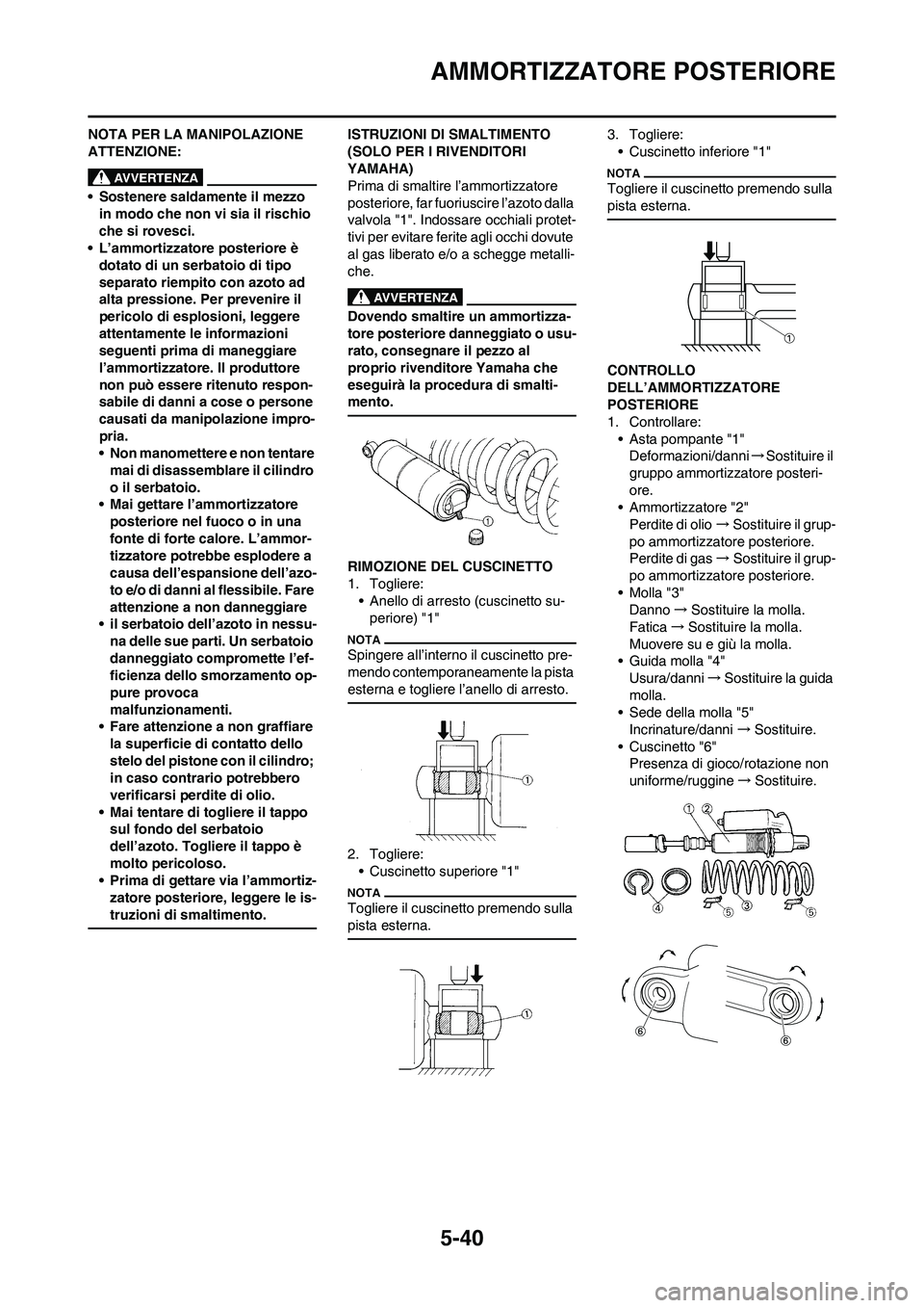 YAMAHA YZ125LC 2011  Manuale duso (in Italian) 5-40
AMMORTIZZATORE POSTERIORE
NOTA PER LA MANIPOLAZIONE 
ATTENZIONE:
• Sostenere saldamente il mezzo 
in modo che non vi sia il rischio 
che si rovesci.
• L’ammortizzatore posteriore è 
dotato