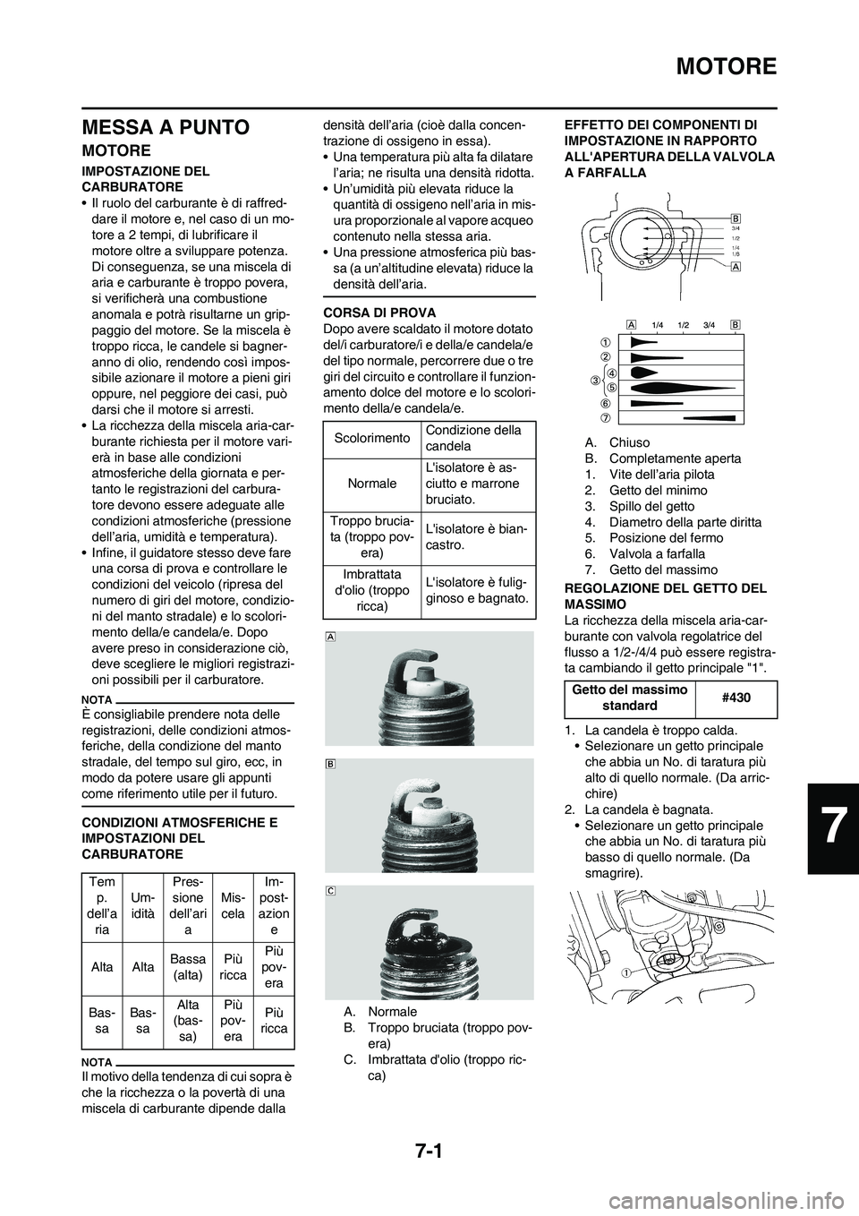 YAMAHA YZ125LC 2011  Manuale duso (in Italian) 
7-1
MOTORE
MESSA A PUNTO
MOTORE
IMPOSTAZIONE DEL 
CARBURATORE
• Il ruolo del carburante è di raffred-dare il motore e, nel caso di un mo-
tore a 2 tempi, di lubrificare il 
motore oltre a sviluppa