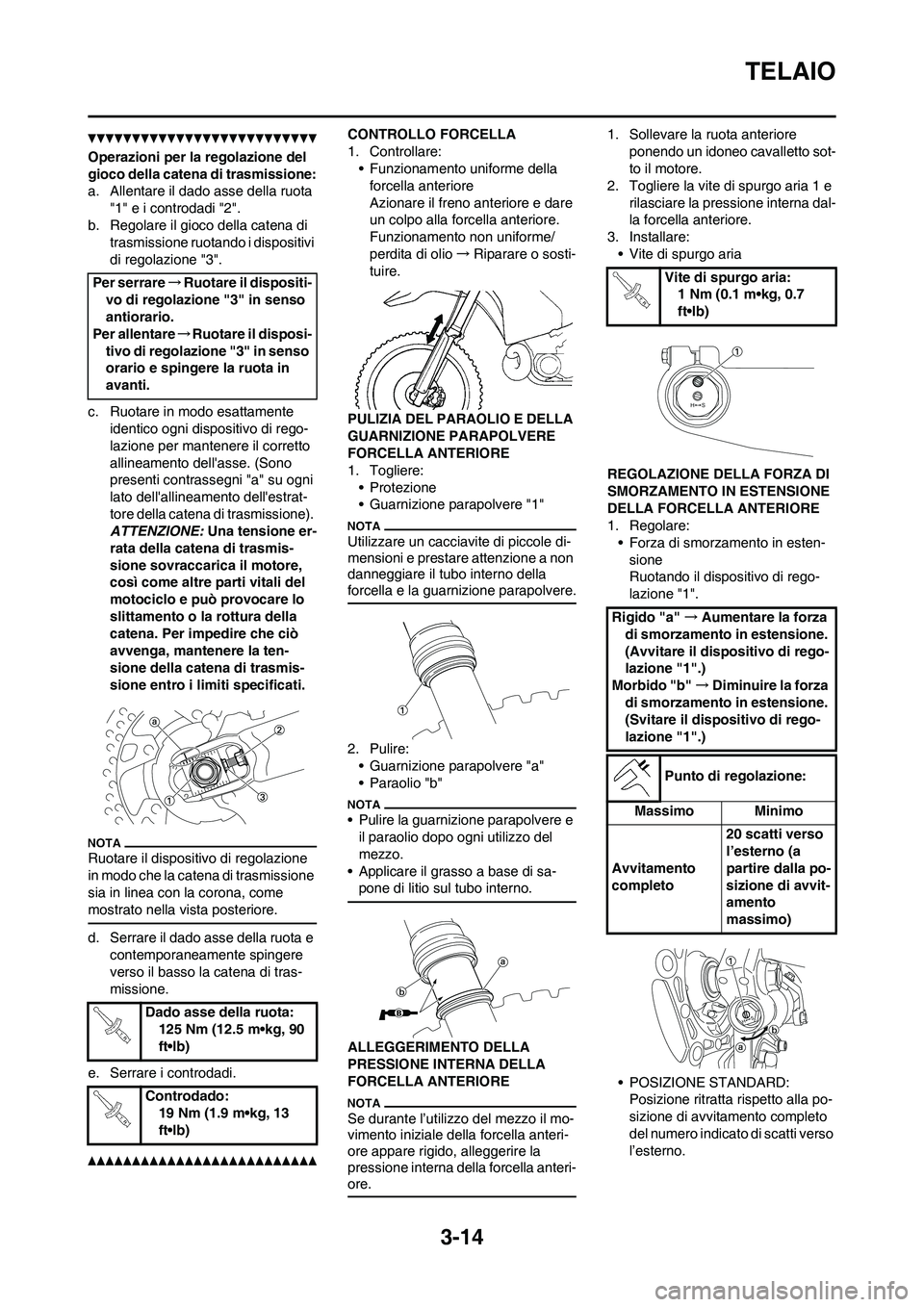 YAMAHA YZ125LC 2011  Manuale duso (in Italian) 3-14
TELAIO
Operazioni per la regolazione del 
gioco della catena di trasmissione:
a. Allentare il dado asse della ruota 
"1" e i controdadi "2".
b. Regolare il gioco della catena di 
trasmissione ruo