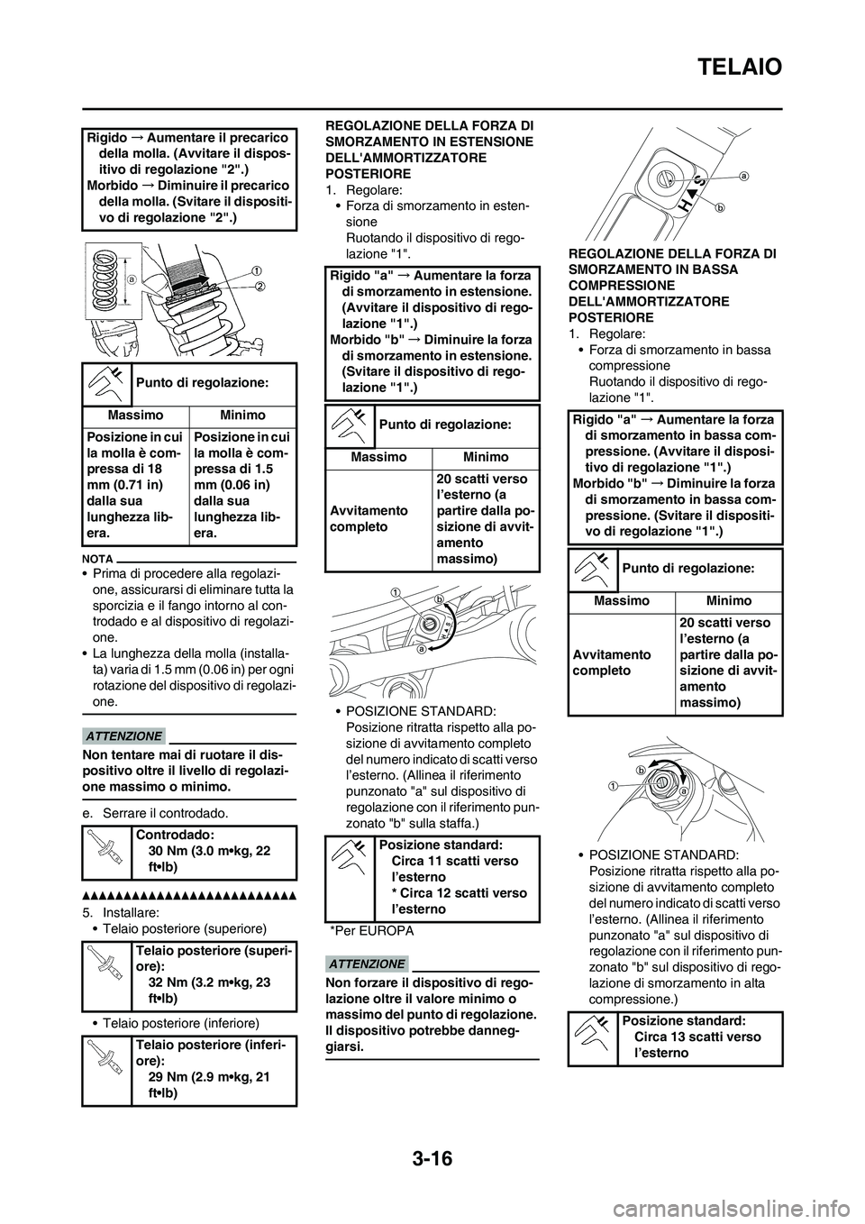 YAMAHA YZ125LC 2011  Manuale duso (in Italian) 3-16
TELAIO
• Prima di procedere alla regolazi-
one, assicurarsi di eliminare tutta la 
sporcizia e il fango intorno al con-
trodado e al dispositivo di regolazi-
one.
• La lunghezza della molla (