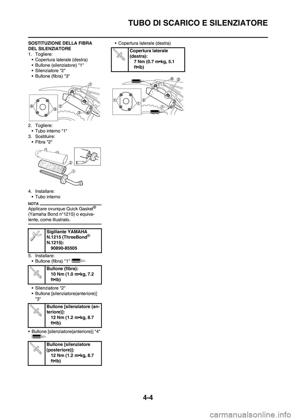 YAMAHA YZ125LC 2011  Manuale duso (in Italian) 
4-4
TUBO DI SCARICO E SILENZIATORE
SOSTITUZIONE DELLA FIBRA 
DEL SILENZIATORE
1. Togliere: • Copertura laterale (destra)
• Bullone (silenziatore) "1"
• Silenziatore "2"
• Bullone (fibra) "3"

