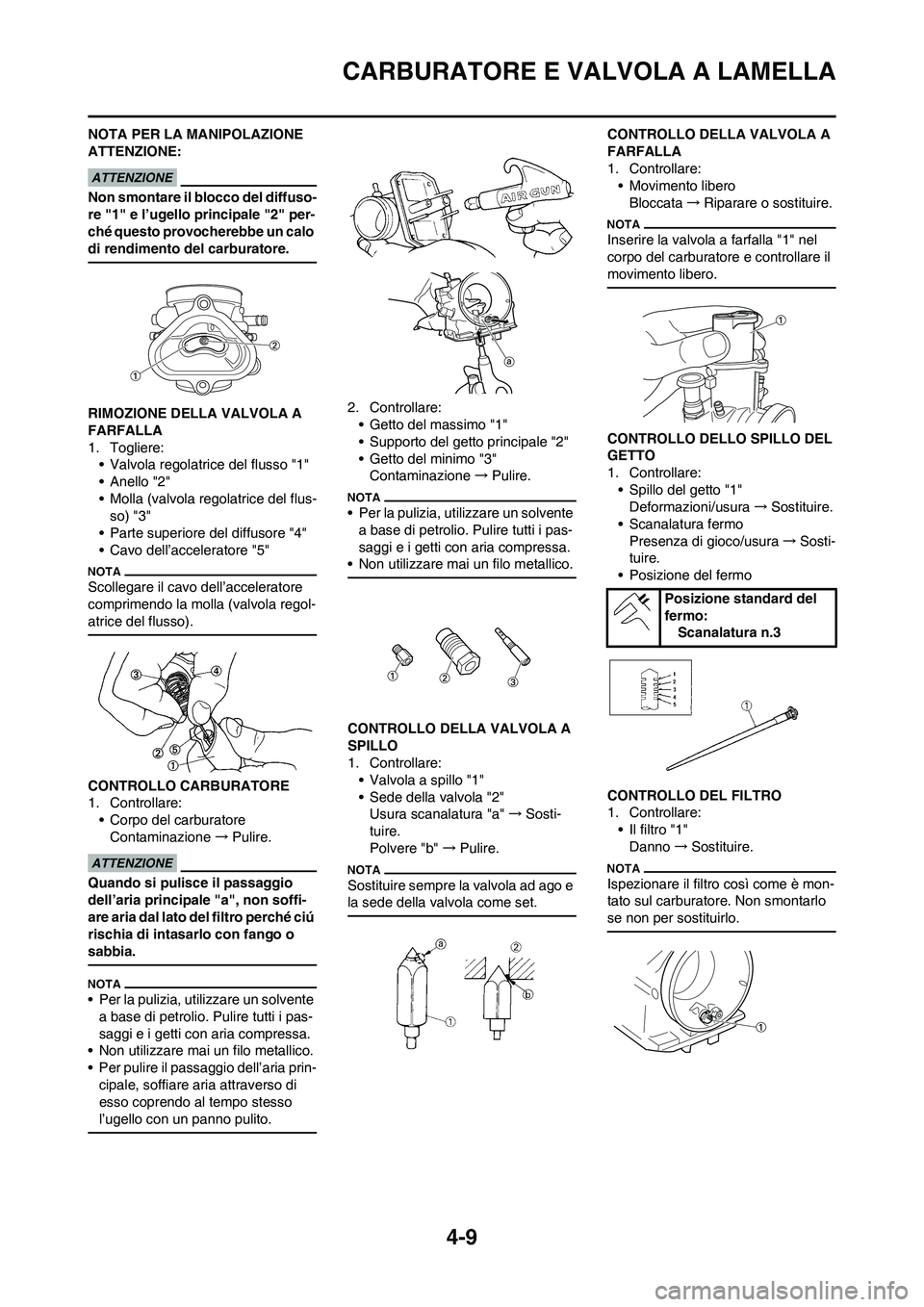 YAMAHA YZ125LC 2011  Manuale duso (in Italian) 4-9
CARBURATORE E VALVOLA A LAMELLA
NOTA PER LA MANIPOLAZIONE 
ATTENZIONE:
Non smontare il blocco del diffuso-
re "1" e l’ugello principale "2" per-
ché questo provocherebbe un calo 
di rendimento 