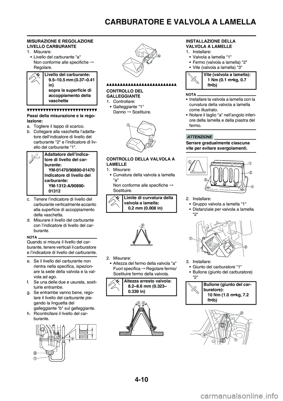 YAMAHA YZ125LC 2011  Manuale duso (in Italian) 4-10
CARBURATORE E VALVOLA A LAMELLA
MISURAZIONE E REGOLAZIONE 
LIVELLO CARBURANTE
1. Misurare:
• Livello del carburante "a"
Non conforme alle specifiche→
Regolare.
Passi della misurazione e la re