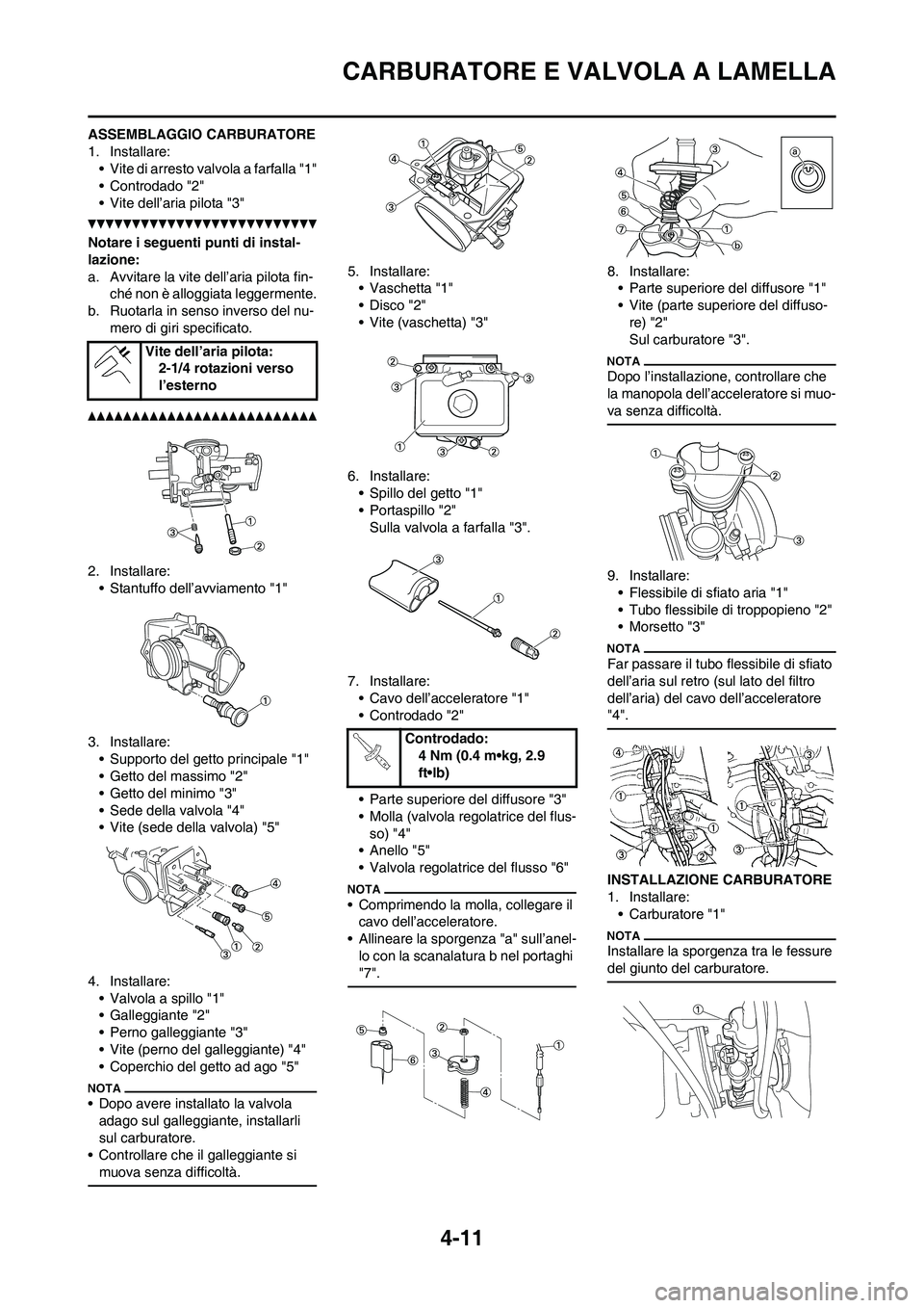 YAMAHA YZ125LC 2011  Manuale duso (in Italian) 4-11
CARBURATORE E VALVOLA A LAMELLA
ASSEMBLAGGIO CARBURATORE
1. Installare:
• Vite di arresto valvola a farfalla "1"
• Controdado "2"
• Vite dell’aria pilota "3"
Notare i seguenti punti di in