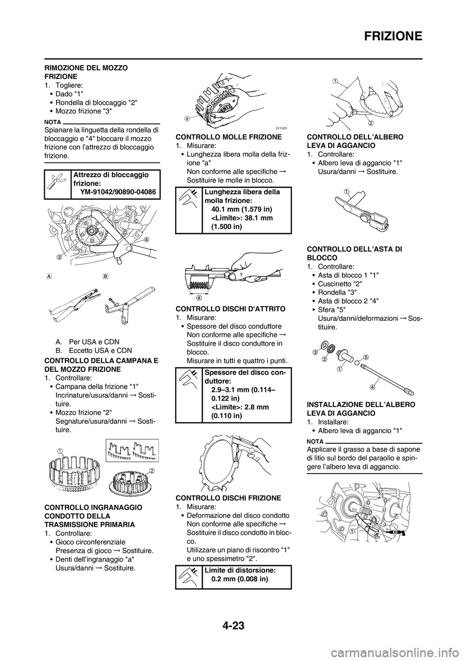 YAMAHA YZ125LC 2011  Manuale duso (in Italian) 4-23
FRIZIONE
RIMOZIONE DEL MOZZO 
FRIZIONE
1. Togliere:
• Dado "1"
• Rondella di bloccaggio "2"
• Mozzo frizione "3"
Spianare la linguetta della rondella di 
bloccaggio e "4" bloccare il mozzo 