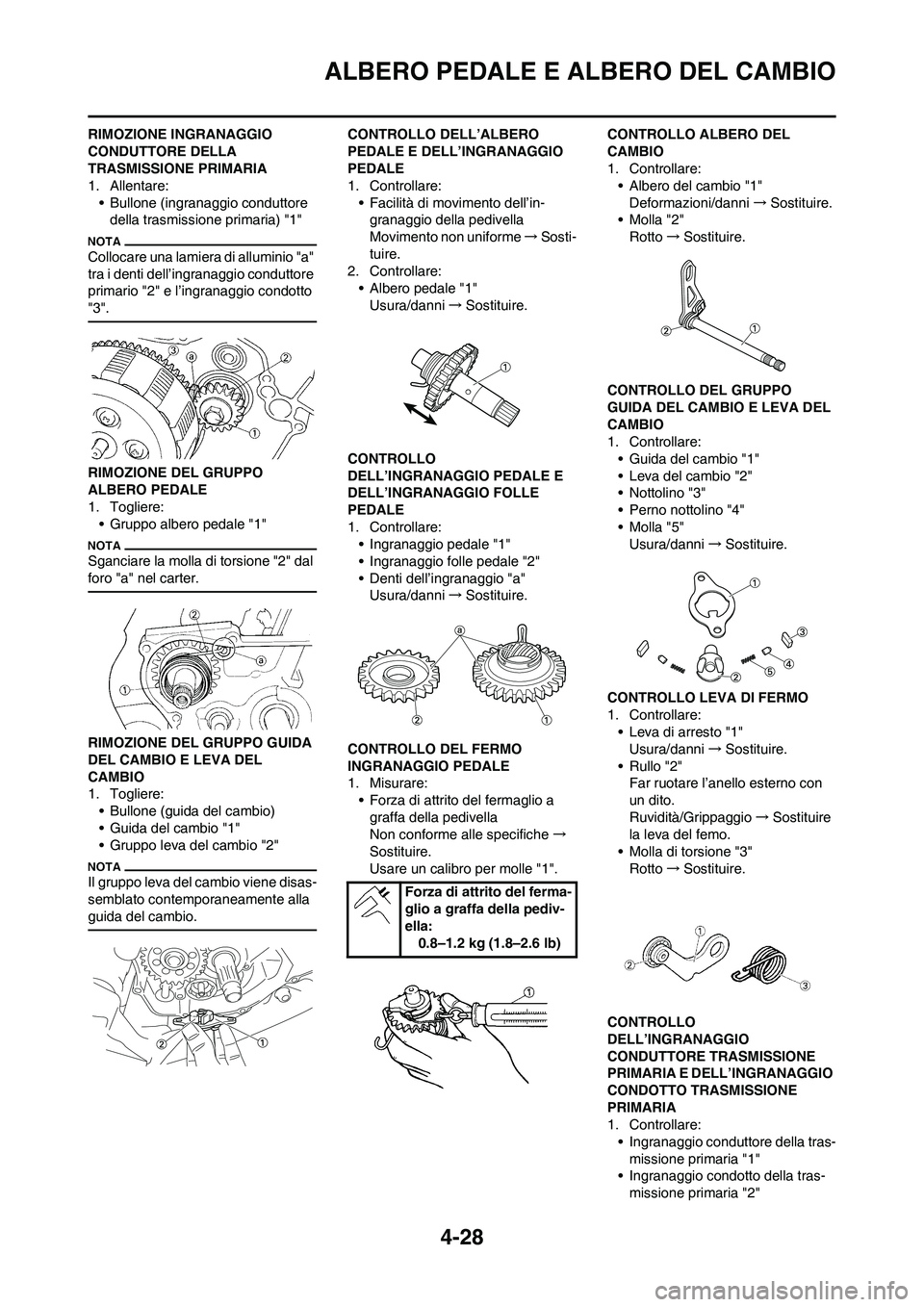 YAMAHA YZ125LC 2011  Manuale duso (in Italian) 4-28
ALBERO PEDALE E ALBERO DEL CAMBIO
RIMOZIONE INGRANAGGIO 
CONDUTTORE DELLA 
TRASMISSIONE PRIMARIA
1. Allentare:
• Bullone (ingranaggio conduttore 
della trasmissione primaria) "1"
Collocare una 