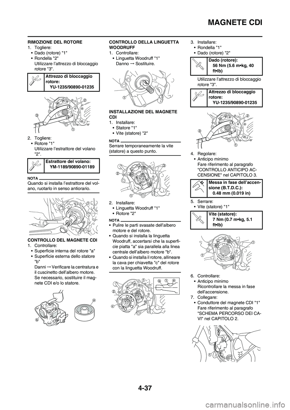 YAMAHA YZ125LC 2011  Manuale duso (in Italian) 4-37
MAGNETE CDI
RIMOZIONE DEL ROTORE
1. Togliere:
• Dado (rotore) "1"
• Rondella "2"
Utilizzare l’attrezzo di bloccaggio 
rotore "3".
2. Togliere:
• Rotore "1"
Utilizzare l’estrattore del v