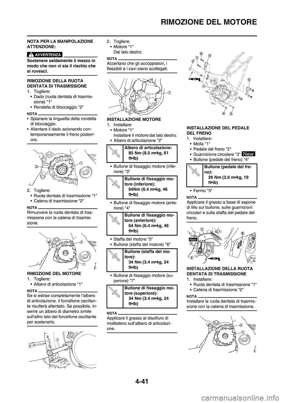 YAMAHA YZ125LC 2011  Manuale duso (in Italian) 4-41
RIMOZIONE DEL MOTORE
NOTA PER LA MANIPOLAZIONE 
ATTENZIONE:
Sostenere saldamente il mezzo in 
modo che non vi sia il rischio che 
si rovesci.
RIMOZIONE DELLA RUOTA 
DENTATA DI TRASMISSIONE
1. Tog