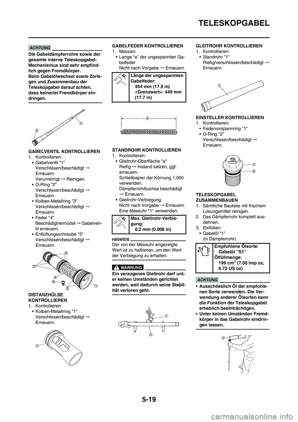 YAMAHA YZ125LC 2010  Betriebsanleitungen (in German) 5-19
TELESKOPGABEL
Die Gabeldämpferrohre sowie der 
gesamte interne Teleskopgabel- 
Mechanismus sind sehr empfind-
lich gegen Fremdkörper.
Beim Gabelölwechsel sowie Zerle-
gen und Zusammenbau der 
