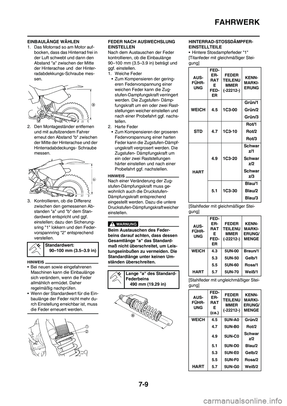 YAMAHA YZ125LC 2010 Betriebsanleitungen (in German) 7-9
FAHRWERK
EINBAULÄNGE WÄHLEN
1. Das Motorrad so am Motor auf-
bocken, dass das Hinterrad frei in
der Luft schwebt und dann den
Abstand "a" zwischen der Mitte
der Hinterachse und der Hinter-
r YAMAHA YZ125LC 2010 Betriebsanleitungen (in German) 7-9
FAHRWERK
EINBAULÄNGE WÄHLEN
1. Das Motorrad so am Motor auf-
bocken, dass das Hinterrad frei in
der Luft schwebt und dann den
Abstand "a" zwischen der Mitte
der Hinterachse und der Hinter-
r