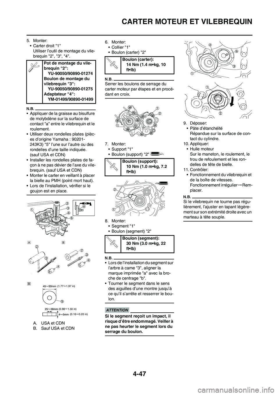 YAMAHA YZ125LC 2010  Notices Demploi (in French) 4-47
CARTER MOTEUR ET VILEBREQUIN
5. Monter:
• Carter droit "1"
Utiliser l’outil de montage du vile-
brequin "2", "3", "4".
• Appliquer de la graisse au bisulfure 
de molybdène sur la surface d
