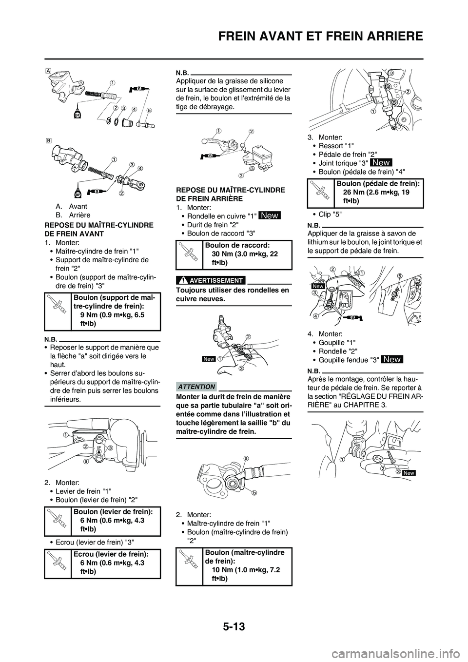 YAMAHA YZ125LC 2010  Notices Demploi (in French) 5-13
FREIN AVANT ET FREIN ARRIERE
A. Avant
B. Arrière
REPOSE DU MAÎTRE-CYLINDRE 
DE FREIN AVANT
1. Monter:
• Maître-cylindre de frein "1"
• Support de maître-cylindre de 
frein "2"
• Boulon 