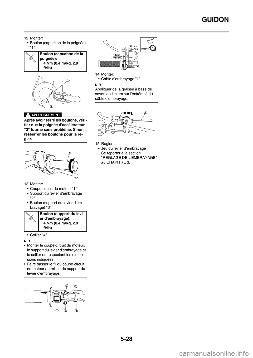 YAMAHA YZ125LC 2010  Notices Demploi (in French) 5-28
GUIDON
12. Monter:
• Boulon (capuchon de la poignée) 
"1"
Après avoir serré les boulons, véri-
fier que la poignée daccélérateur 
"2" tourne sans problème. Sinon, 
resserrer les boulon