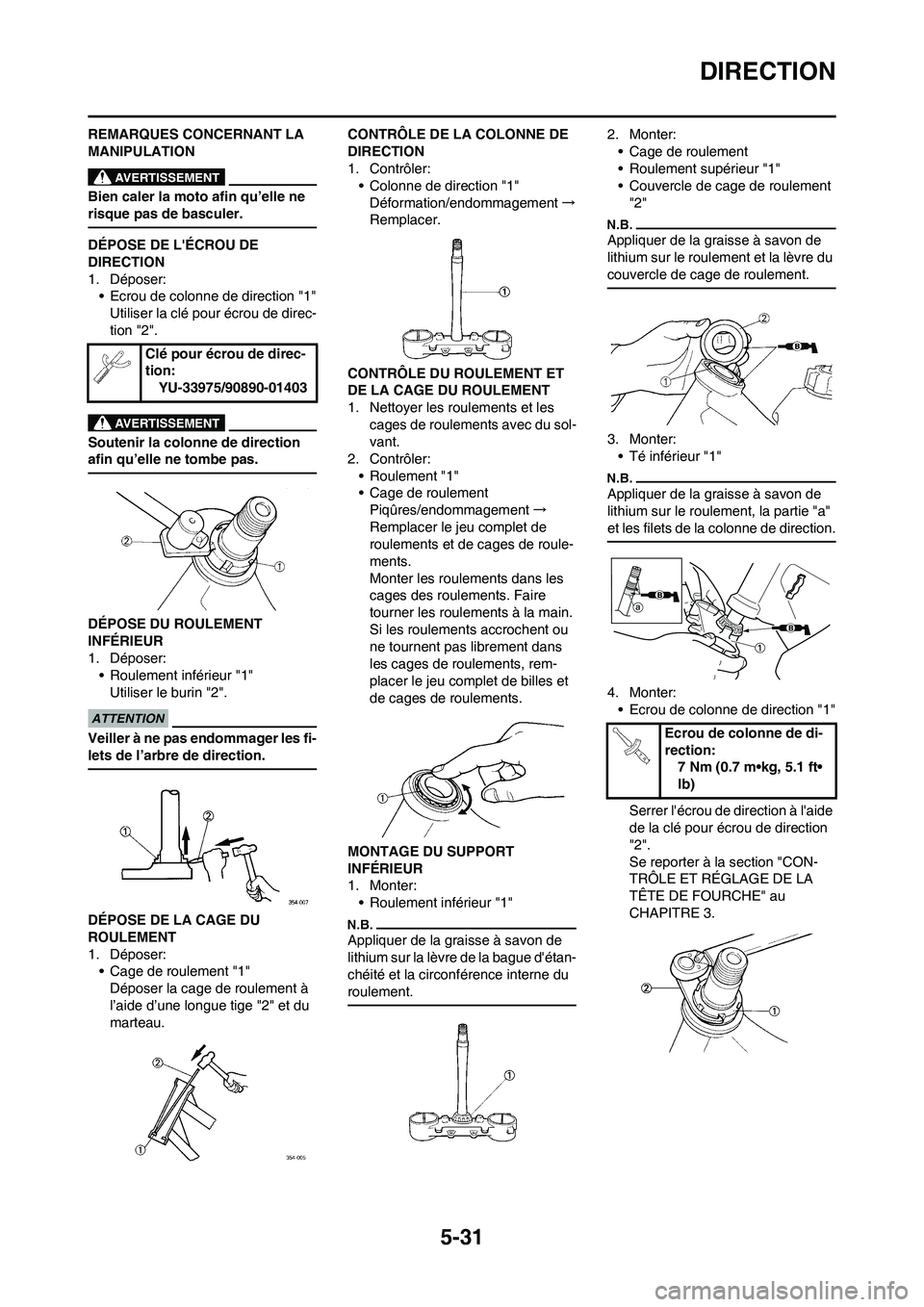 YAMAHA YZ125LC 2010  Notices Demploi (in French) 5-31
DIRECTION
REMARQUES CONCERNANT LA 
MANIPULATION
Bien caler la moto afin qu’elle ne 
risque pas de basculer.
DÉPOSE DE LÉCROU DE 
DIRECTION
1. Déposer:
• Ecrou de colonne de direction "1"
