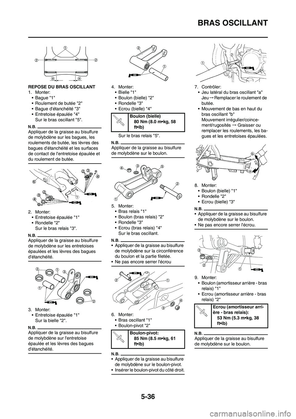 YAMAHA YZ125LC 2010  Notices Demploi (in French) 5-36
BRAS OSCILLANT
REPOSE DU BRAS OSCILLANT
1. Monter:
• Bague "1"
• Roulement de butée "2"
• Bague détanchéité "3"
• Entretoise épaulée "4"
Sur le bras oscillant "5".
Appliquer de la 