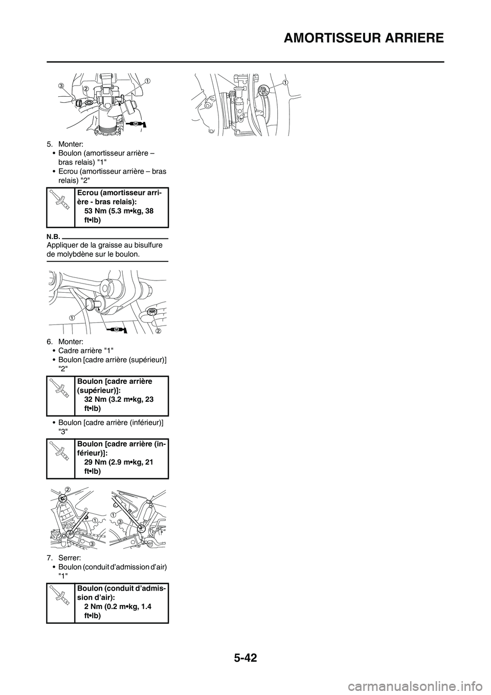 YAMAHA YZ125LC 2010  Notices Demploi (in French) 5-42
AMORTISSEUR ARRIERE
5. Monter:
• Boulon (amortisseur arrière – 
bras relais) "1"
• Ecrou (amortisseur arrière – bras 
relais) "2"
Appliquer de la graisse au bisulfure 
de molybdène sur
