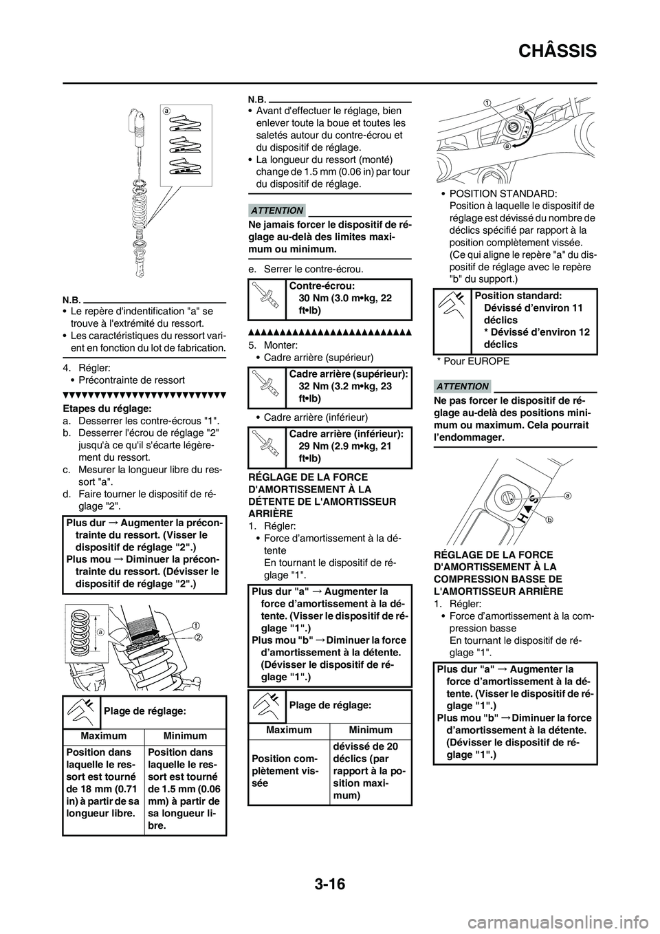 YAMAHA YZ125LC 2010 Notices Demploi (in French) 3-16
CHÂSSIS
• Le repère dindentification "a" se
trouve à lextrémité du ressort.
• Les caractéristiques du ressort vari-
ent en fonction du lot de fabrication.
4. Régler:
• Précontrai YAMAHA YZ125LC 2010 Notices Demploi (in French) 3-16
CHÂSSIS
• Le repère dindentification "a" se
trouve à lextrémité du ressort.
• Les caractéristiques du ressort vari-
ent en fonction du lot de fabrication.
4. Régler:
• Précontrai