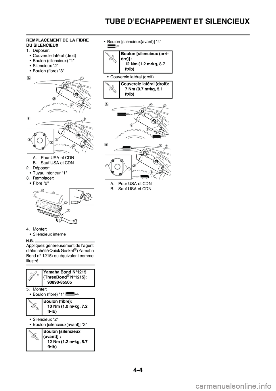 YAMAHA YZ125LC 2010  Notices Demploi (in French) 4-4
TUBE D’ECHAPPEMENT ET SILENCIEUX
REMPLACEMENT DE LA FIBRE 
DU SILENCIEUX
1. Déposer:
• Couvercle latéral (droit)
• Boulon (silencieux) "1"
• Silencieux "2"
• Boulon (fibre) "3"
A. Pour
