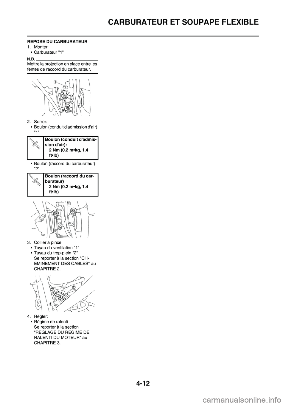 YAMAHA YZ125LC 2010  Notices Demploi (in French) 4-12
CARBURATEUR ET SOUPAPE FLEXIBLE
REPOSE DU CARBURATEUR
1. Monter:
• Carburateur "1"
Mettre la projection en place entre les 
fentes de raccord du carburateur.
2. Serrer:
• Boulon (conduit dad
