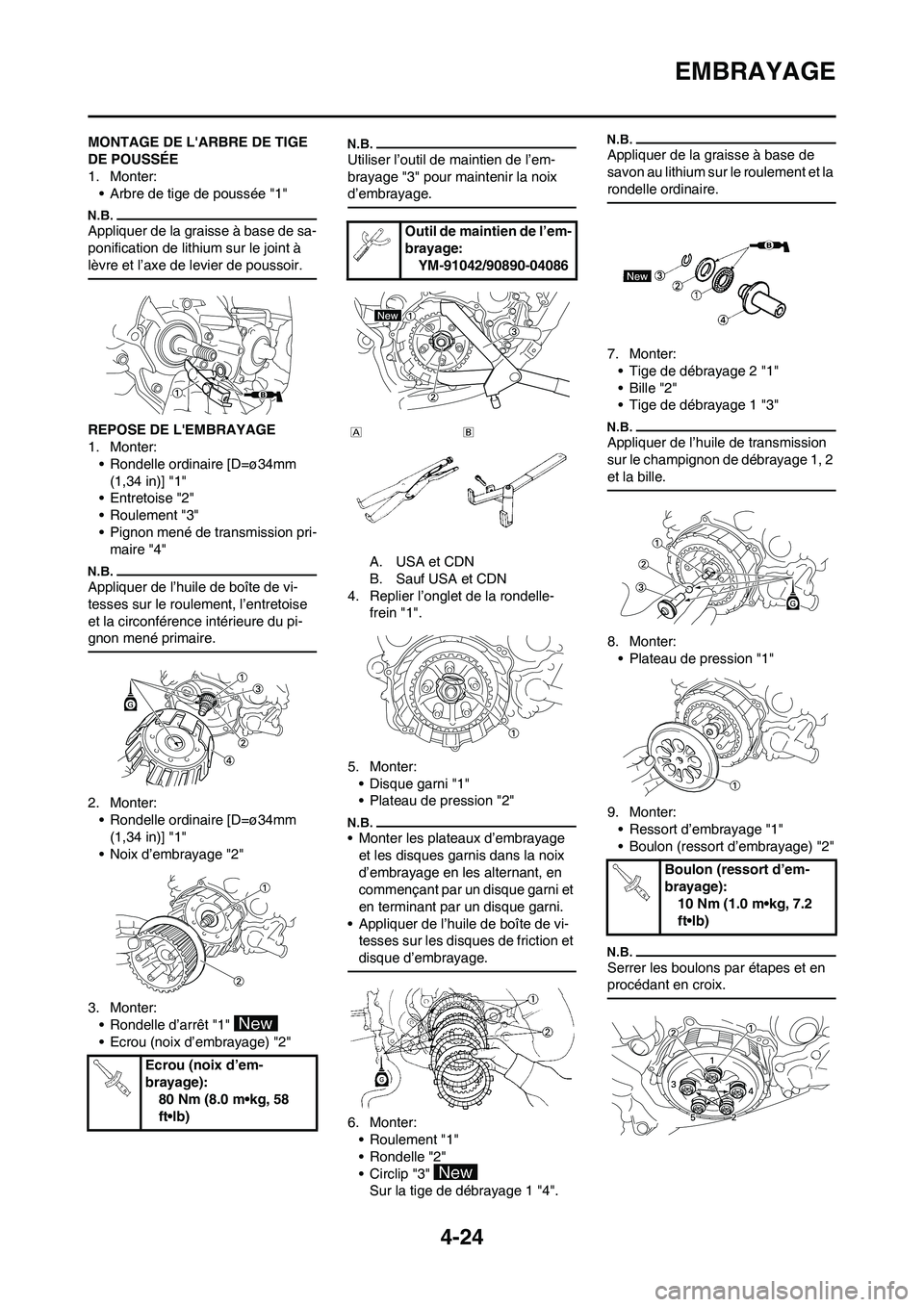 YAMAHA YZ125LC 2010 Notices Demploi (in French) 4-24
EMBRAYAGE
MONTAGE DE LARBRE DE TIGE
DE POUSSÉE
1. Monter:
• Arbre de tige de poussée "1"
Appliquer de la graisse à base de sa-
ponification de lithium sur le joint à
lèvre et l’axe de YAMAHA YZ125LC 2010 Notices Demploi (in French) 4-24
EMBRAYAGE
MONTAGE DE LARBRE DE TIGE
DE POUSSÉE
1. Monter:
• Arbre de tige de poussée "1"
Appliquer de la graisse à base de sa-
ponification de lithium sur le joint à
lèvre et l’axe de