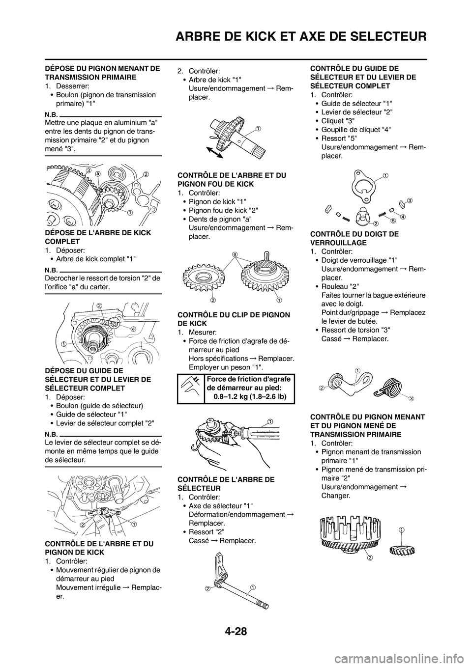YAMAHA YZ125LC 2010 Notices Demploi (in French) 4-28
ARBRE DE KICK ET AXE DE SELECTEUR
DÉPOSE DU PIGNON MENANT DE
TRANSMISSION PRIMAIRE
1. Desserrer:
• Boulon (pignon de transmission
primaire) "1"
Mettre une plaque en aluminium "a"
entre les YAMAHA YZ125LC 2010 Notices Demploi (in French) 4-28
ARBRE DE KICK ET AXE DE SELECTEUR
DÉPOSE DU PIGNON MENANT DE
TRANSMISSION PRIMAIRE
1. Desserrer:
• Boulon (pignon de transmission
primaire) "1"
Mettre une plaque en aluminium "a"
entre les
