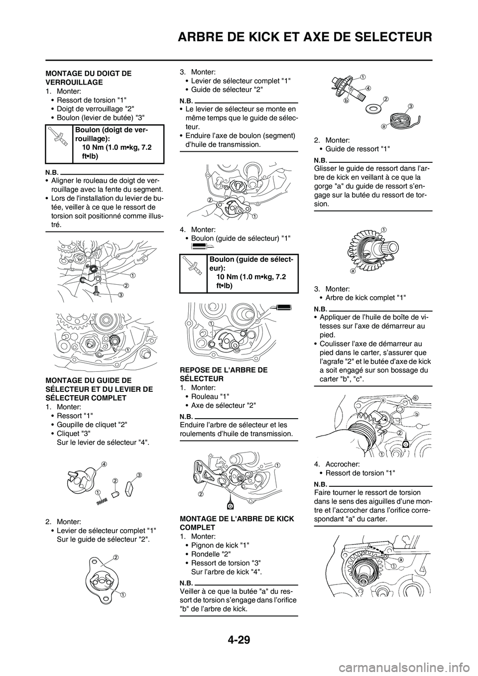 YAMAHA YZ125LC 2010 Notices Demploi (in French) 4-29
ARBRE DE KICK ET AXE DE SELECTEUR
MONTAGE DU DOIGT DE
VERROUILLAGE
1. Monter:
• Ressort de torsion "1"
• Doigt de verrouillage "2"
• Boulon (levier de butée) "3"
• Aligner le rouleau de YAMAHA YZ125LC 2010 Notices Demploi (in French) 4-29
ARBRE DE KICK ET AXE DE SELECTEUR
MONTAGE DU DOIGT DE
VERROUILLAGE
1. Monter:
• Ressort de torsion "1"
• Doigt de verrouillage "2"
• Boulon (levier de butée) "3"
• Aligner le rouleau de