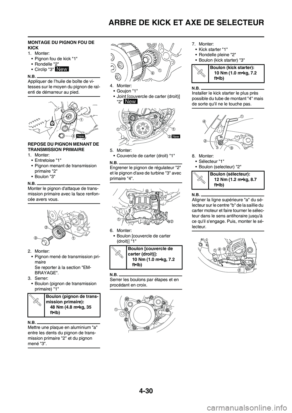 YAMAHA YZ125LC 2010 Notices Demploi (in French) 4-30
ARBRE DE KICK ET AXE DE SELECTEUR
MONTAGE DU PIGNON FOU DE
KICK
1. Monter:
• Pignon fou de kick "1"
• Rondelle "2"
• Circlip "3"
Appliquer de l’huile de boîte de vi-
tesses sur le moye YAMAHA YZ125LC 2010 Notices Demploi (in French) 4-30
ARBRE DE KICK ET AXE DE SELECTEUR
MONTAGE DU PIGNON FOU DE
KICK
1. Monter:
• Pignon fou de kick "1"
• Rondelle "2"
• Circlip "3"
Appliquer de l’huile de boîte de vi-
tesses sur le moye