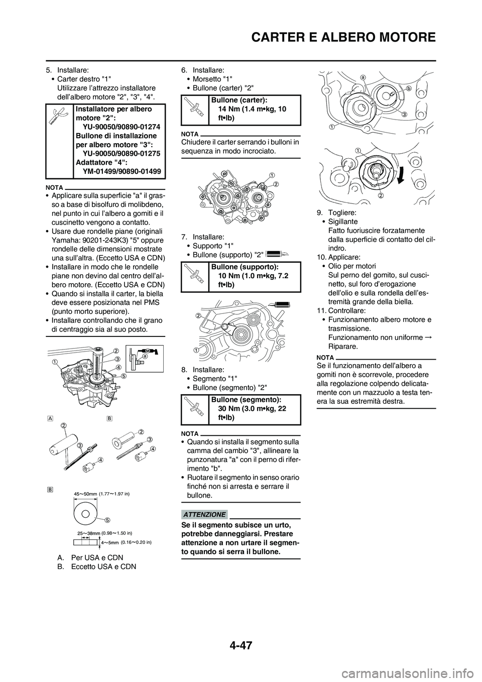 YAMAHA YZ125LC 2010  Manuale duso (in Italian) 4-47
CARTER E ALBERO MOTORE
5. Installare:
• Carter destro "1"
Utilizzare l’attrezzo installatore 
dell’albero motore "2", "3", "4".
• Applicare sulla superficie "a" il gras-
so a base di biso