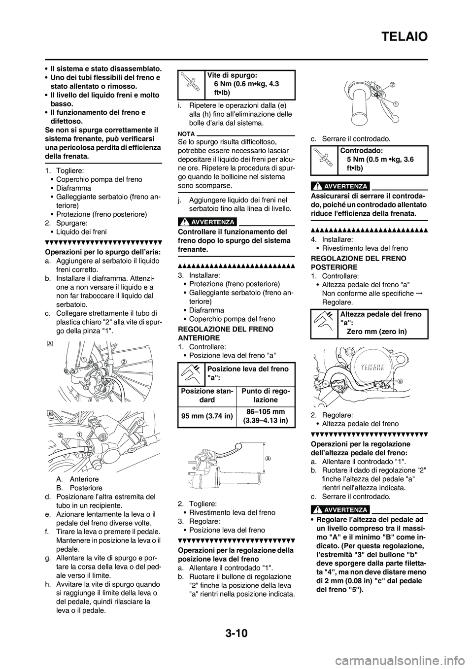 YAMAHA YZ125LC 2010  Manuale duso (in Italian) 3-10
TELAIO
• Il sistema e stato disassemblato.
• Uno dei tubi flessibili del freno e 
stato allentato o rimosso.
• Il livello del liquido freni e molto 
basso.
• Il funzionamento del freno e 
