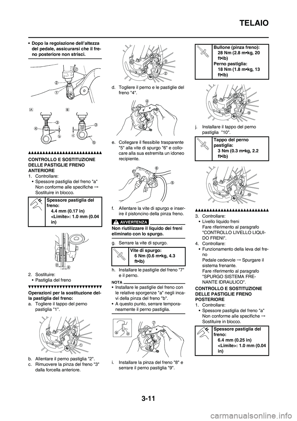 YAMAHA YZ125LC 2010  Manuale duso (in Italian) 3-11
TELAIO
• Dopo la regolazione dell’altezza 
del pedale, assicurarsi che il fre-
no posteriore non strisci.
CONTROLLO E SOSTITUZIONE 
DELLE PASTIGLIE FRENO 
ANTERIORE
1. Controllare:
• Spesso