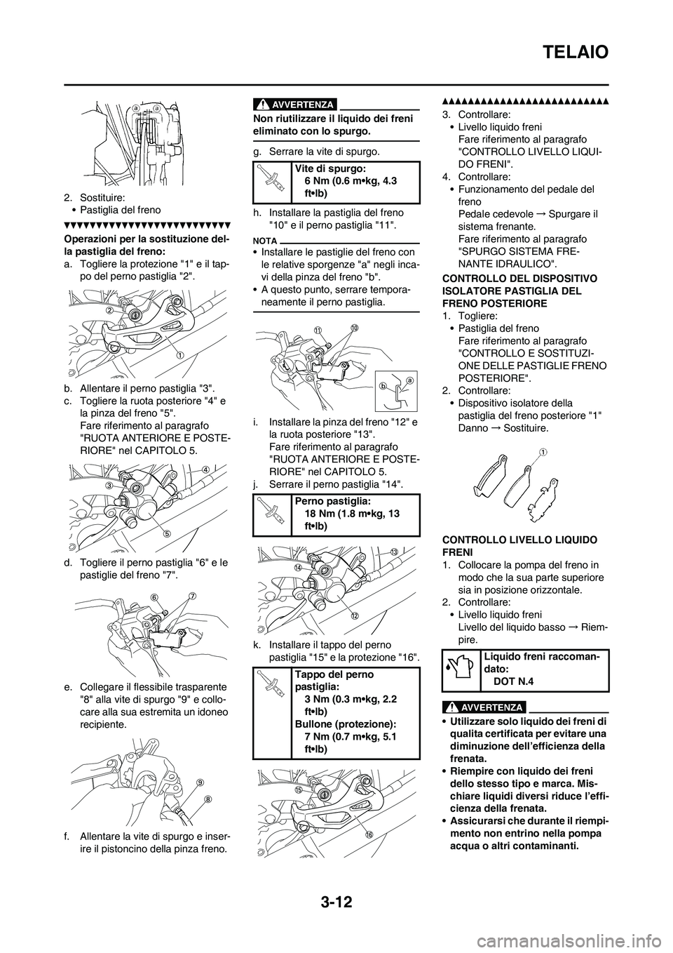 YAMAHA YZ125LC 2010  Manuale duso (in Italian) 3-12
TELAIO
2. Sostituire:
• Pastiglia del freno
Operazioni per la sostituzione del-
la pastiglia del freno:
a. Togliere la protezione "1" e il tap-
po del perno pastiglia "2".
b. Allentare il perno