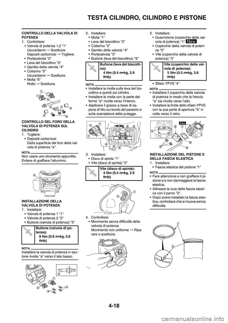 YAMAHA YZ125LC 2010  Manuale duso (in Italian) 4-18
TESTA CILINDRO, CILINDRO E PISTONE
CONTROLLO DELLA VALVOLA DI 
POTENZA
1. Controllare:
• Valvola di potenza 1,2 "1"
Usura/danni→Sostituire.
Depositi carboniosi→Togliere.
• Portavalvola "2