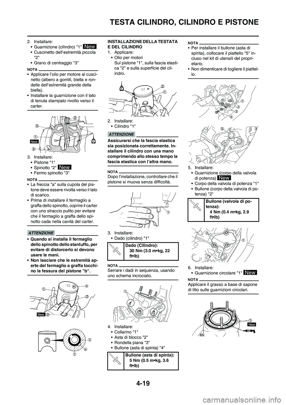 YAMAHA YZ125LC 2010  Manuale duso (in Italian) 4-19
TESTA CILINDRO, CILINDRO E PISTONE
2. Installare:
• Guarnizione (cilindro) "1" 
• Cuscinetto dell’estremità piccola 
"2"
• Grano di centraggio "3"
• Applicare l’olio per motore al cu