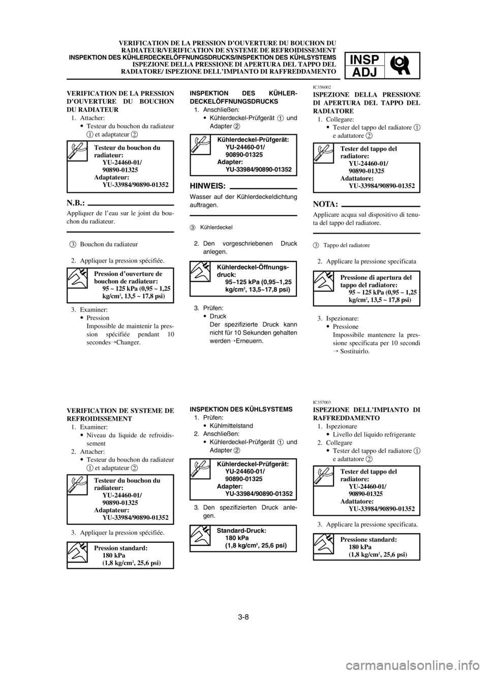 YAMAHA YZ125LC 2004  Owners Manual 3-8
VERIFICATION DE LA PRESSION D’OUVERTURE DU BOUCHON DU
RADIATEUR/VERIFICATION DE SYSTEME DE REFROIDISSEMENT
INSPEKTION DES KÜHLERDECKELÖFFNUNGSDRUCKS/INSPEKTION DES KÜHLSYSTEMSISPEZIONE DELLA 