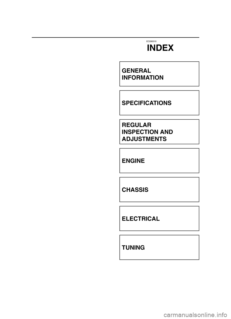 YAMAHA YZ125LC 2004  Owners Manual EC090010
INDEX
GENERAL
INFORMATION
SPECIFICATIONS
REGULAR
INSPECTION AND
ADJUSTMENTS
ENGINE
CHASSIS
ELECTRICAL
TUNING
 5XE-9-30-0  3/24/03 11:08 PM  Page 16 