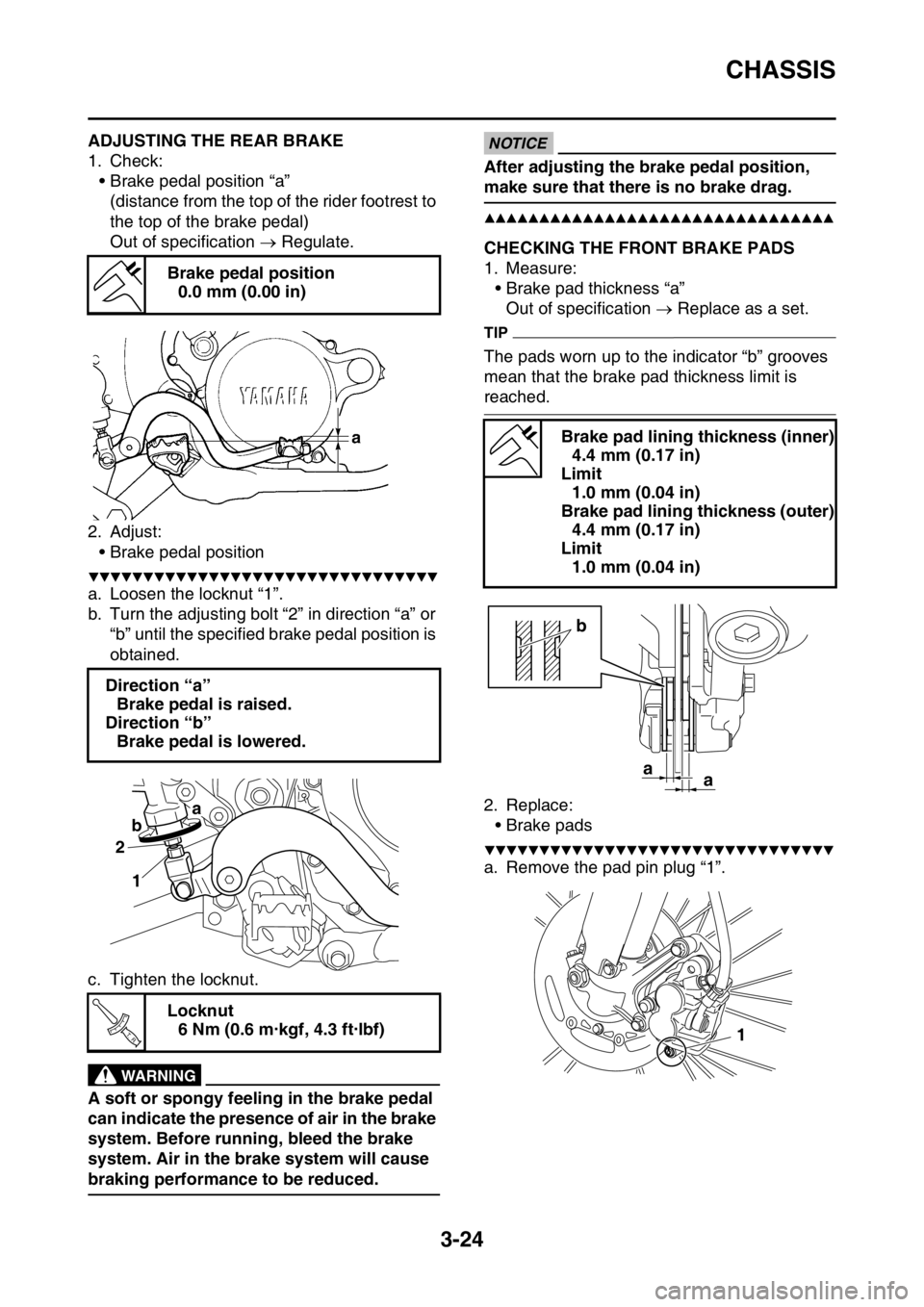 YAMAHA YZ250F 2016  Owners Manual CHASSIS
3-24
EAS1SM9091ADJUSTING THE REAR BRAKE
1. Check:
• Brake pedal position “a”
(distance from the top of the rider footrest to 
the top of the brake pedal)
Out of specification  Regulat
