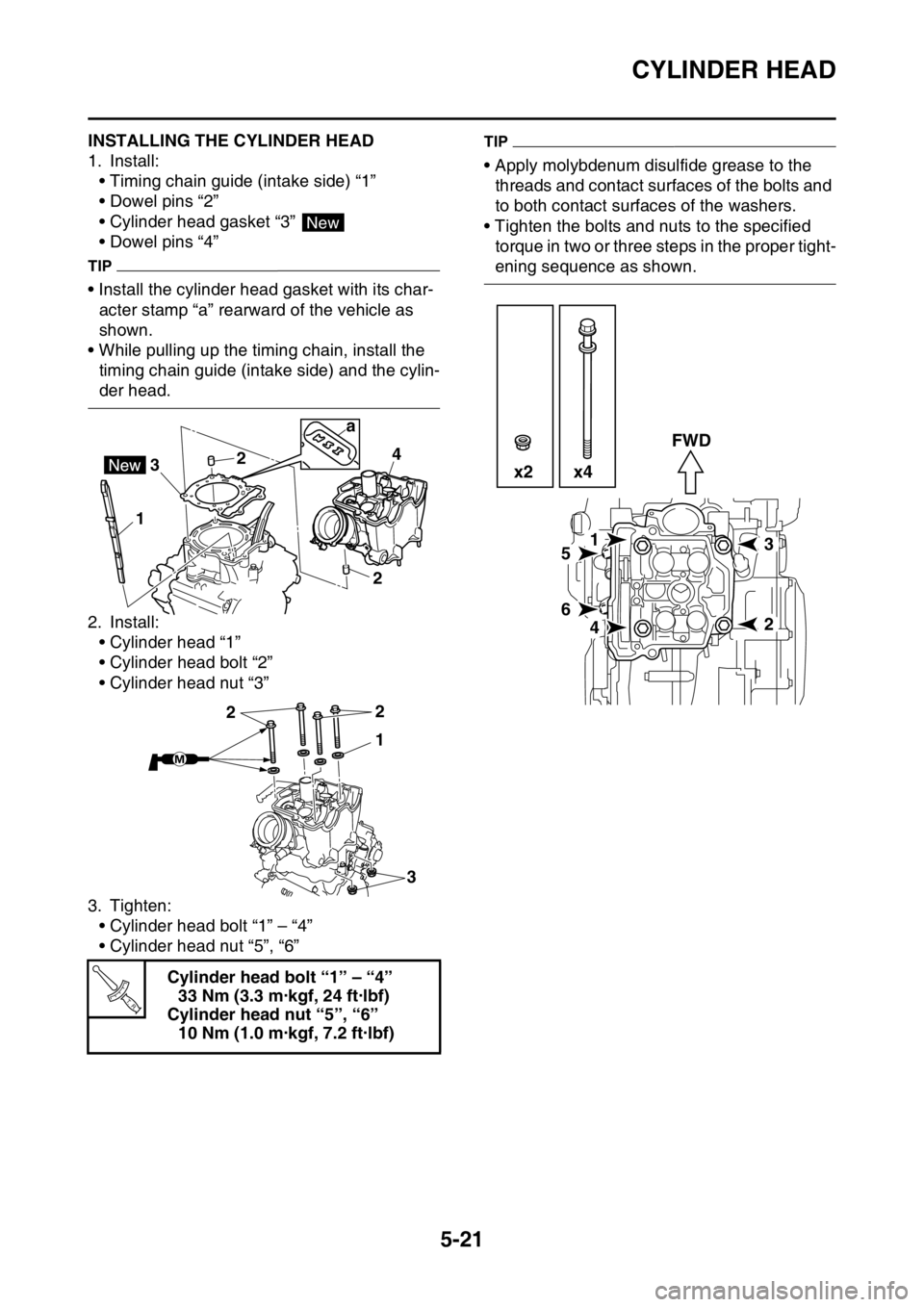 YAMAHA YZ250F 2016  Owners Manual CYLINDER HEAD
5-21
EAS1SM9216INSTALLING THE CYLINDER HEAD
1. Install:
• Timing chain guide (intake side) “1”
• Dowel pins “2”
• Cylinder head gasket “3” 
• Dowel pins “4”
TIP
