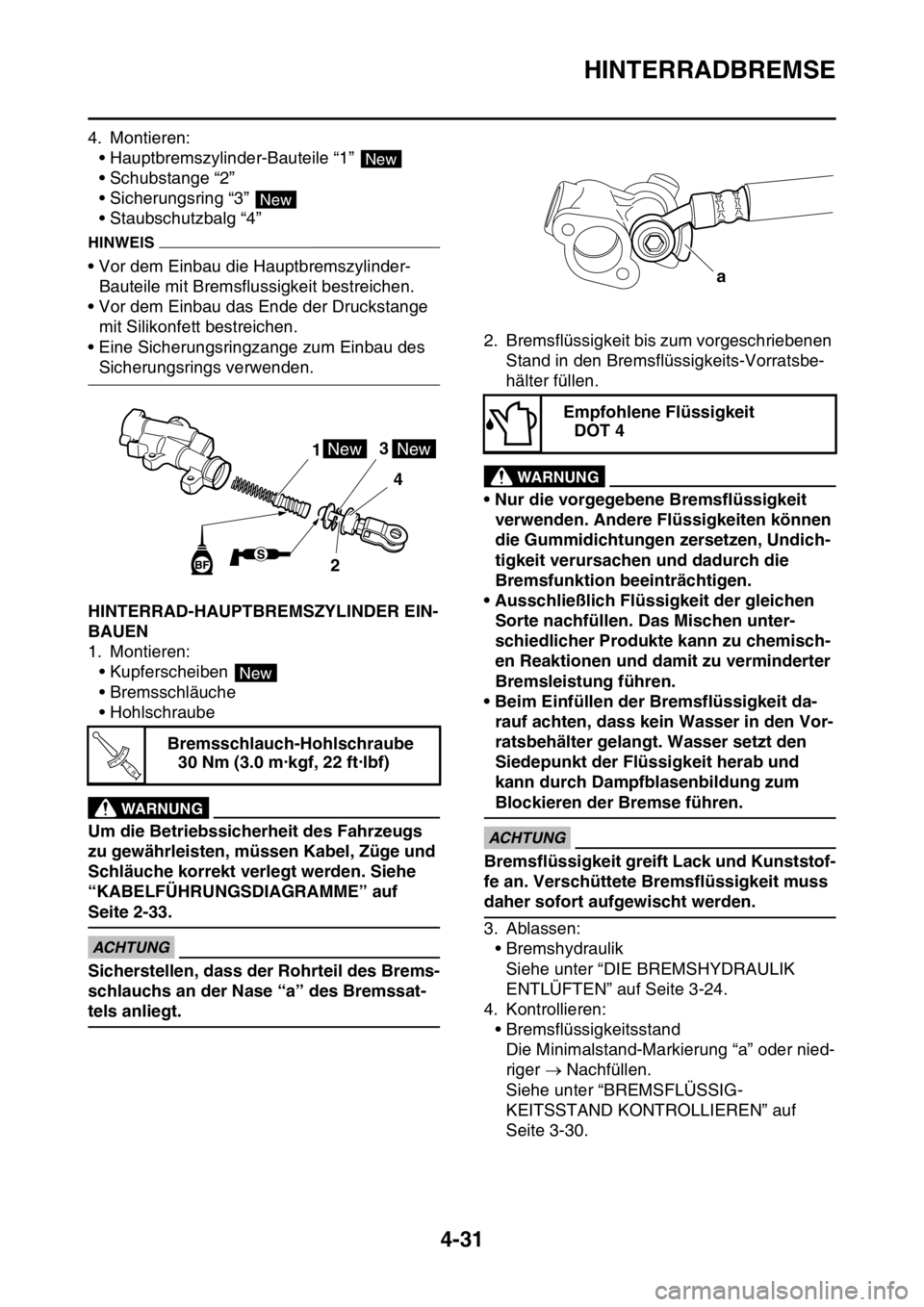 YAMAHA YZ250F 2016  Betriebsanleitungen (in German) HINTERRADBREMSE
4-31
4. Montieren:
• Hauptbremszylinder-Bauteile “1” 
• Schubstange “2” 
• Sicherungsring “3” 
• Staubschutzbalg “4” 
HINWEIS
• Vor dem Einbau die Hauptbremsz