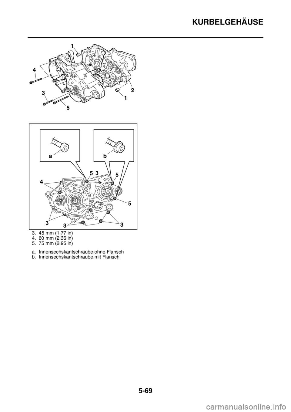 YAMAHA YZ250F 2016  Betriebsanleitungen (in German) KURBELGEHÄUSE
5-69
3. 45 mm (1.77 in)
4. 60 mm (2.36 in)
5. 75 mm (2.95 in)
a. Innensechskantschraube ohne Flansch
b. Innensechskantschraube mit Flansch
4
5
3
43
335 5 5
3
ab1
1
2 