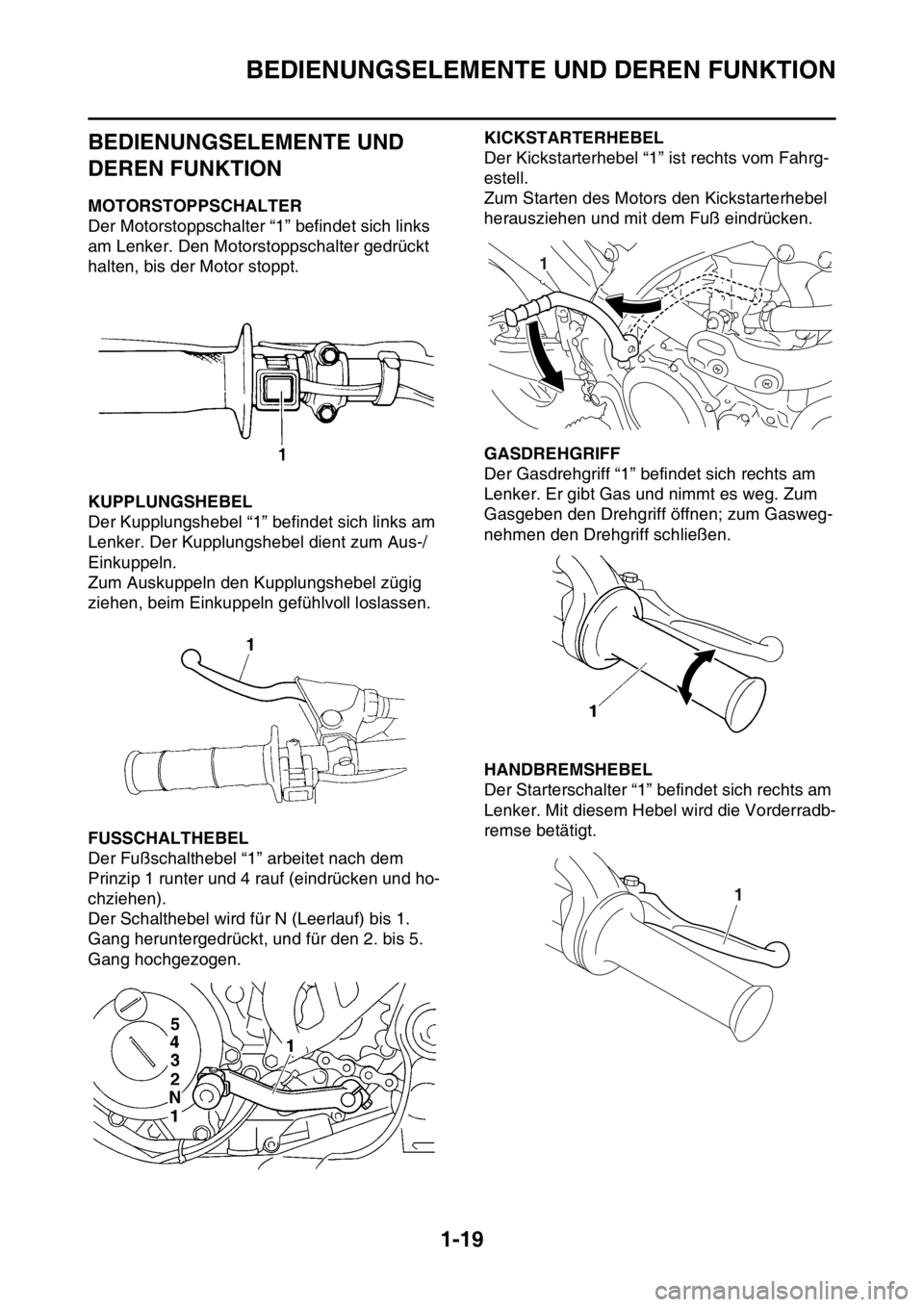 YAMAHA YZ250F 2016 Betriebsanleitungen (in German) BEDIENUNGSELEMENTE UND DEREN FUNKTION
1-19
GAS1SM5032
BEDIENUNGSELEMENTE UND
DEREN FUNKTION
GAS1SM5033MOTORSTOPPSCHALTER
Der Motorstoppschalter “1” befindet sich links
am Lenker. Den Motorstopps YAMAHA YZ250F 2016 Betriebsanleitungen (in German) BEDIENUNGSELEMENTE UND DEREN FUNKTION
1-19
GAS1SM5032
BEDIENUNGSELEMENTE UND
DEREN FUNKTION
GAS1SM5033MOTORSTOPPSCHALTER
Der Motorstoppschalter “1” befindet sich links
am Lenker. Den Motorstopps
